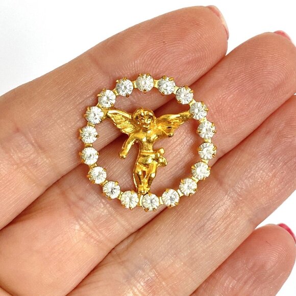 Angel Cherub Clear Rhinestones Circle Gold Tone Lapel Hat Lanyard Pin Brooch 1” - Picture 2 of 6